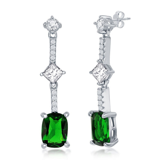 Sterling Silver, White & Cushion-Cut CZ Earrings - Emerald