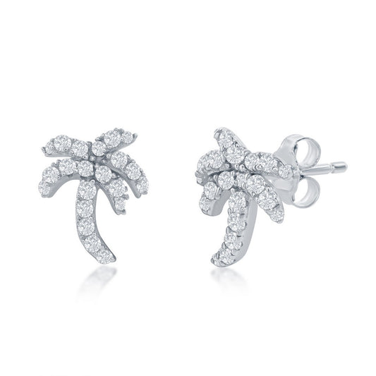 Sterling Silver, CZ Palm Tree Stud Earrings