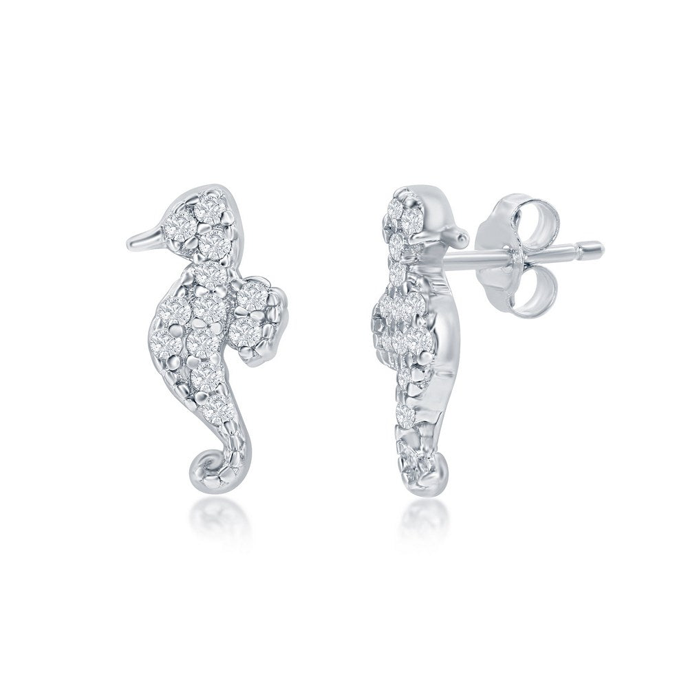 Sterling Silver, CZ Seahorse Stud Earrings