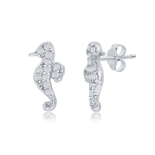 Sterling Silver, CZ Seahorse Stud Earrings