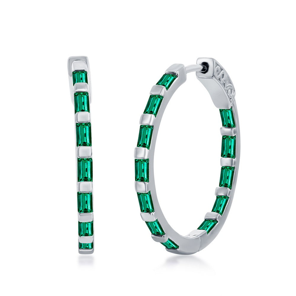 Sterling Silver, Baguette CZ 25mm Hoop Earrings - Emerald CZ