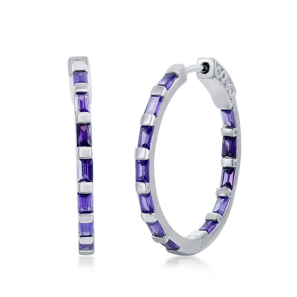 Sterling Silver, Baguette CZ 25mm Hoop Earrings - Amethyst CZ