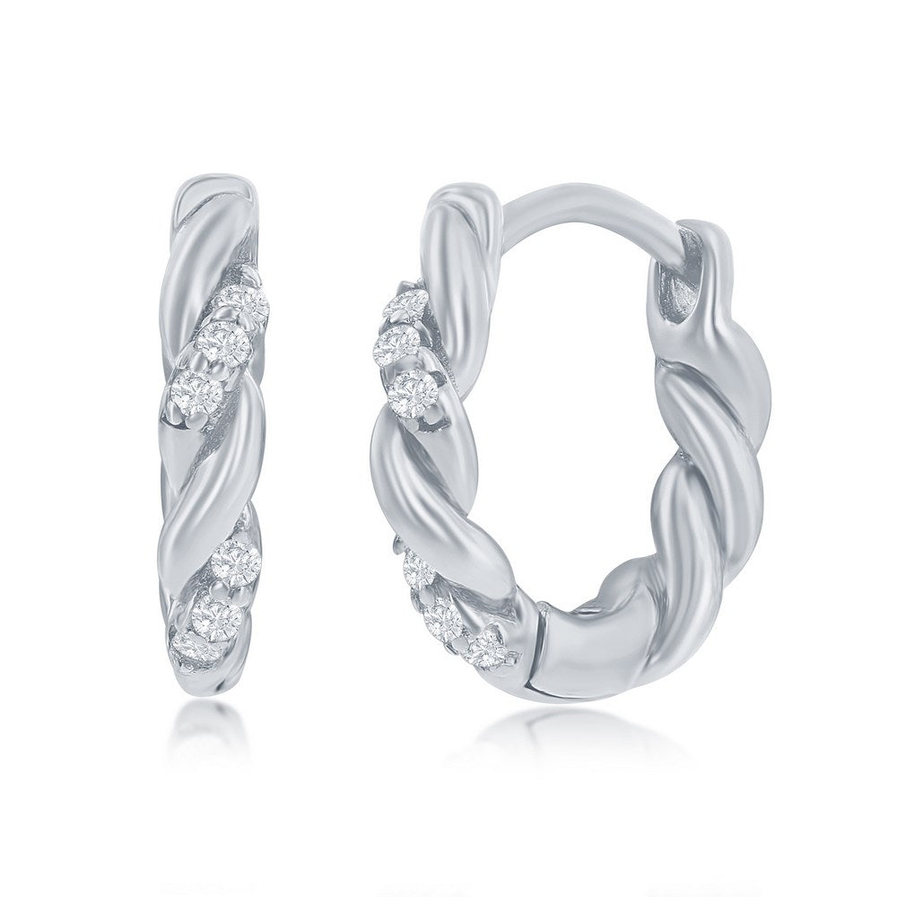 Sterling Silver, Intertwined CZ 13mm Huggie Hoop Earrings