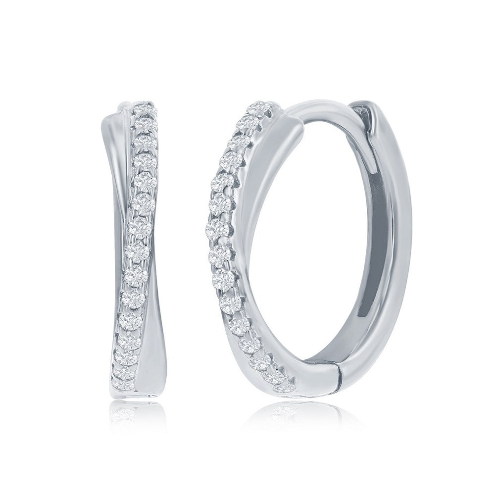 Sterling Silver, 'X' Deisgn CZ 15mm Huggie Hoop Earrings