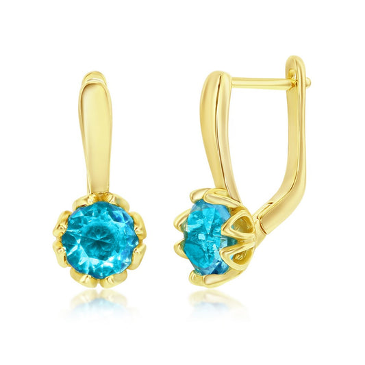 Sterling Silver, Round Aqua CZ Dangling Earrings - Gold Plated