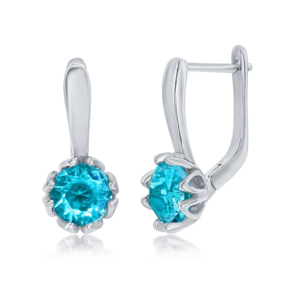 Sterling Silver, Round Aqua CZ Dangling Earrings