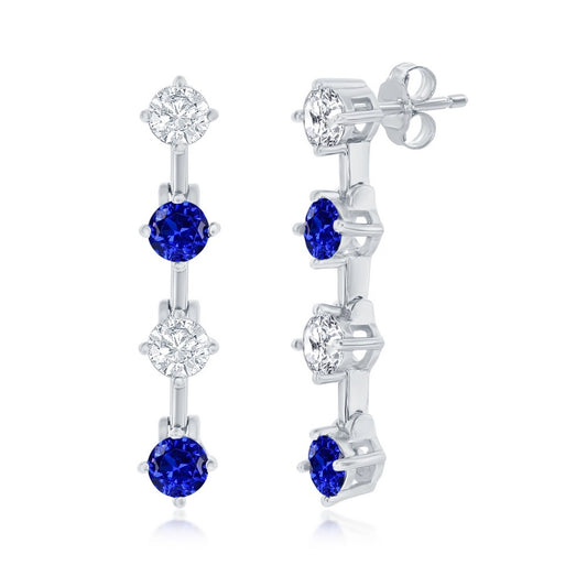 Sterling Silver Round White & Sapphire CZ Long Earrings