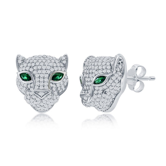 Sterling Silver, 15mm CZ Panther Studs, w/Emerald CZ Eyes,