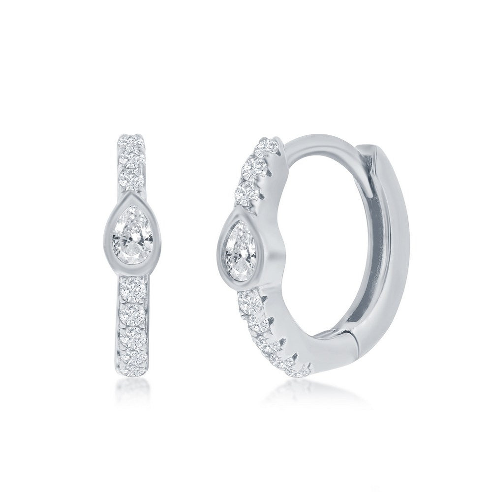 Sterling Silver, 11MM Center Pearshaped CZ Huggie Hoop Earrings