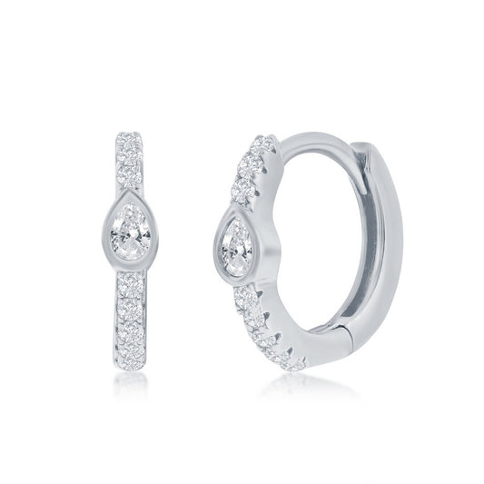Sterling Silver, 11MM Center Pearshaped CZ Huggie Hoop Earrings