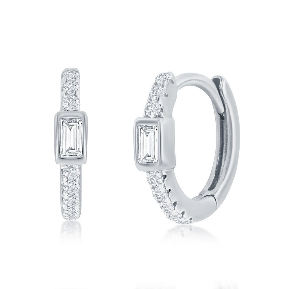 Sterling Silver, 11MM Center Rectangle CZ Huggie Hoop Earrings
