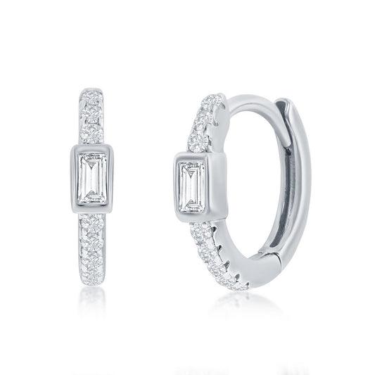Sterling Silver, 11MM Center Rectangle CZ Huggie Hoop Earrings