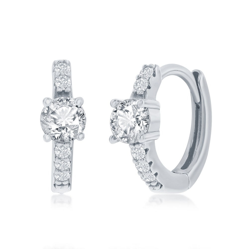 Sterling Silver, 11MM Center Round CZ Huggie Hoop Earrings