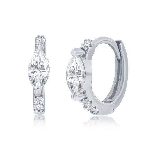 Sterling Silver, 11MM Center Marquise CZ Huggie Hoop Earrings