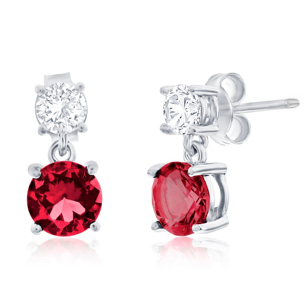 Sterling Silver, Double Round CZ Dangle Earrings - Ruby