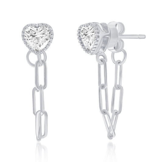 Sterling Silver Heart CZ Paperclip Stud Earrings