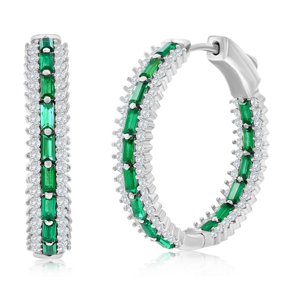 Sterling Silver, Center Baguette & Round CZ Hoop Earrings - Emerald