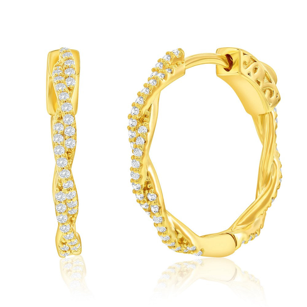 Sterling Silver, 21mm Twisted CZ Hoop Earrings - Gold Plated