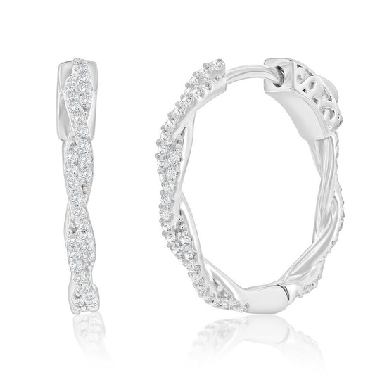 Sterling Silver, 21mm Twisted CZ Hoop Earrings