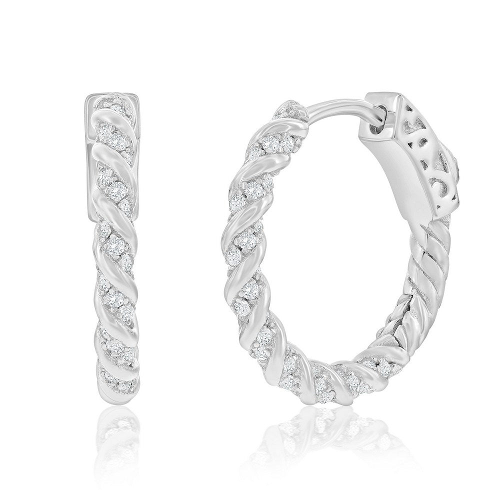 Sterling Silver, 19mm Rope Design CZ Hoop Earrings