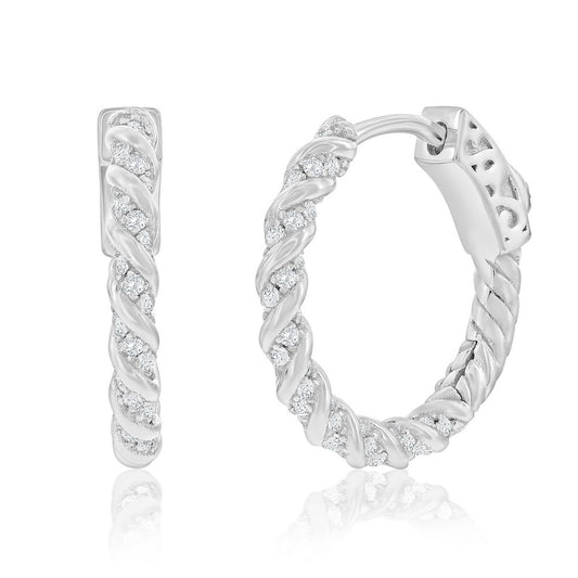 Sterling Silver, 19mm Rope Design CZ Hoop Earrings