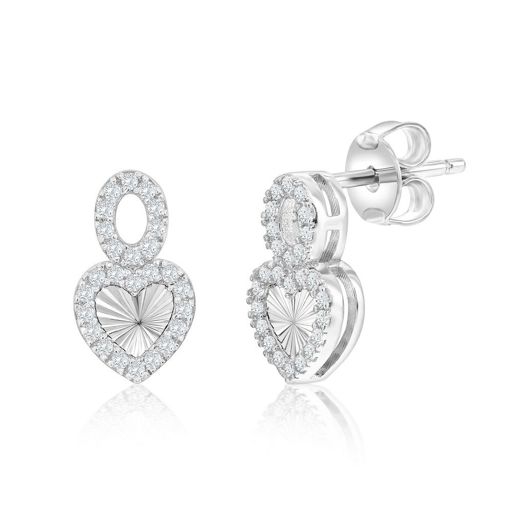 Sterling Silver, Diamond-Cut Heart & Oval CZ Earrings