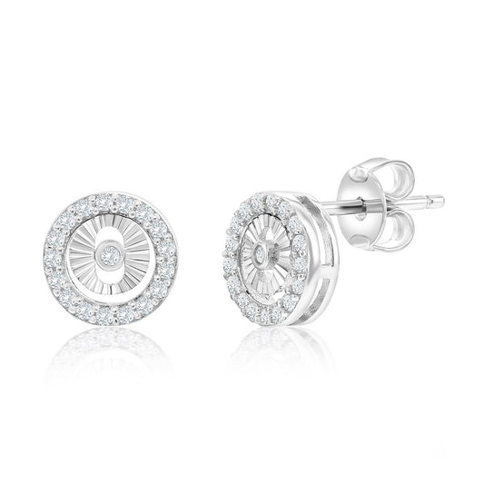 Sterling Silver, Round D-C & CZ Border Stud Earrings