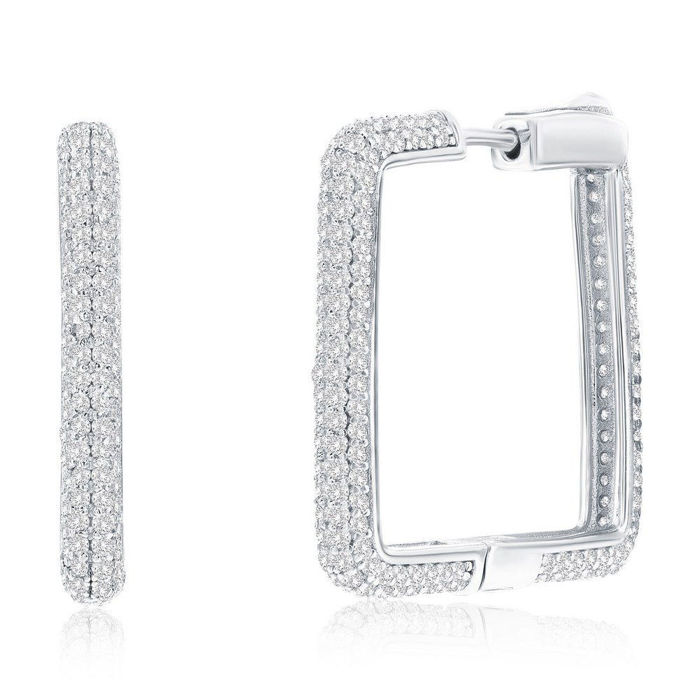 Sterling Silver, 26mm Pave CZ Square Hoop Earrings