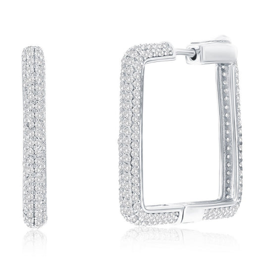 Sterling Silver, 26mm Pave CZ Square Hoop Earrings