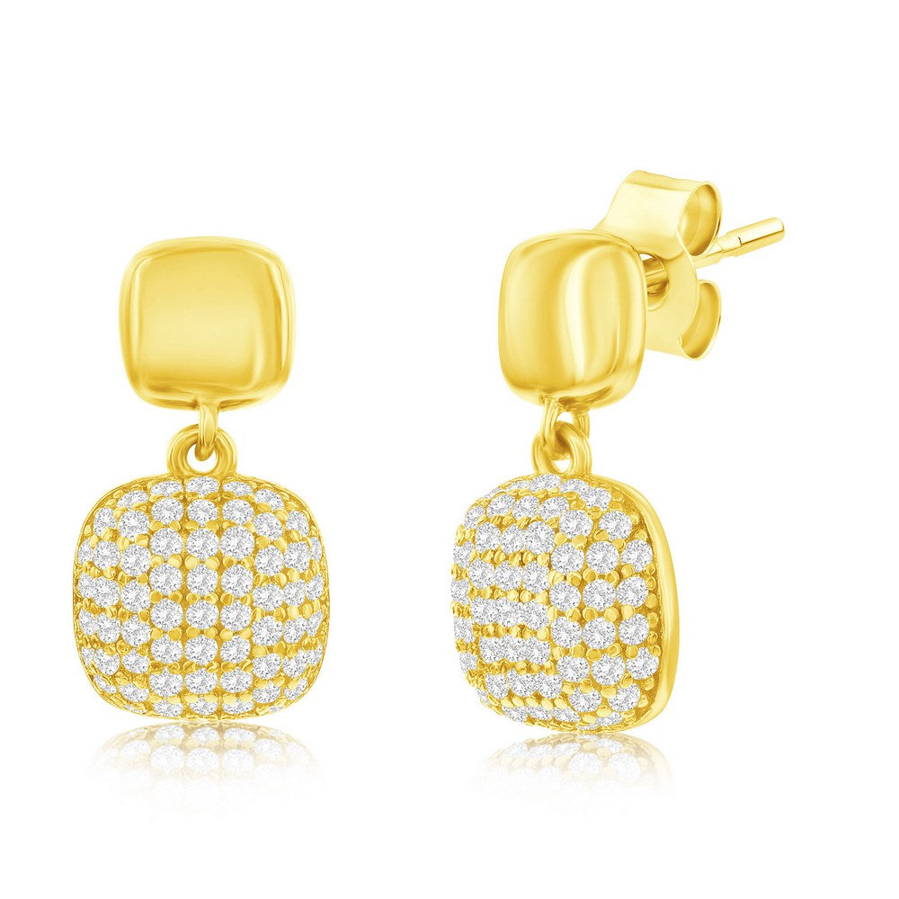 Sterling Silver, Polished & CZ, Double Square Earrings - Gold Plated