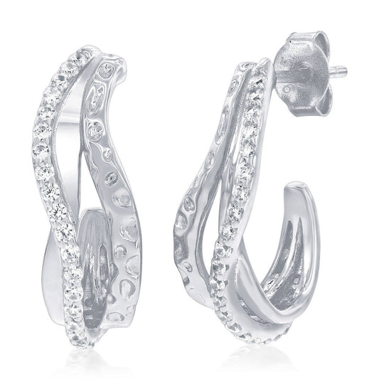 Sterling Silver, Wavy Design Half Hoop CZ Earrings