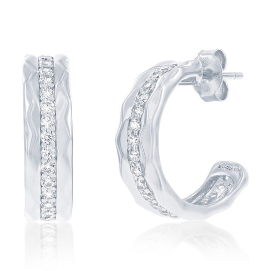 Sterling Silver, Lined CZ Half Hoop Earrings