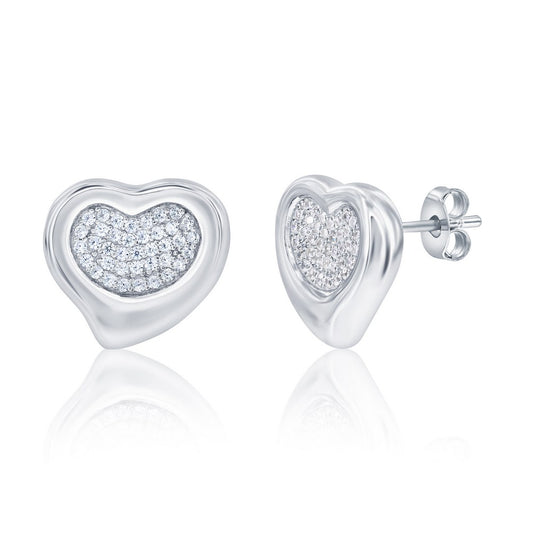 Sterling Silver, Puffed Polished & Pave CZ Heart Studs