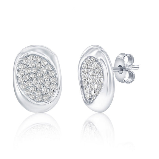 Sterling Silver, Puffed Polished & Pave CZ Oval Studs