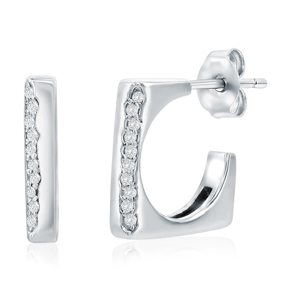 Sterling Silver, Square Polished & CZ Hoop Earrings