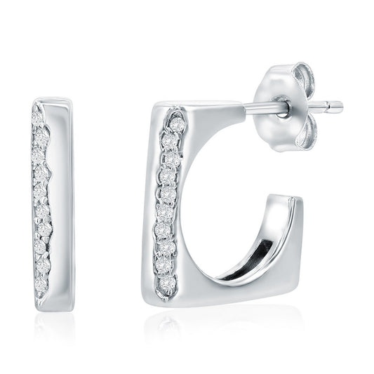 Sterling Silver, Square Polished & CZ Hoop Earrings