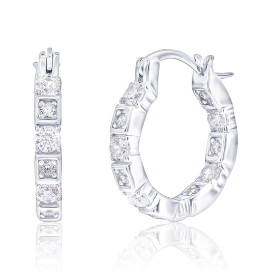 Sterling Silver, 17mm Round & Suqare CZ, Hoop Earrings
