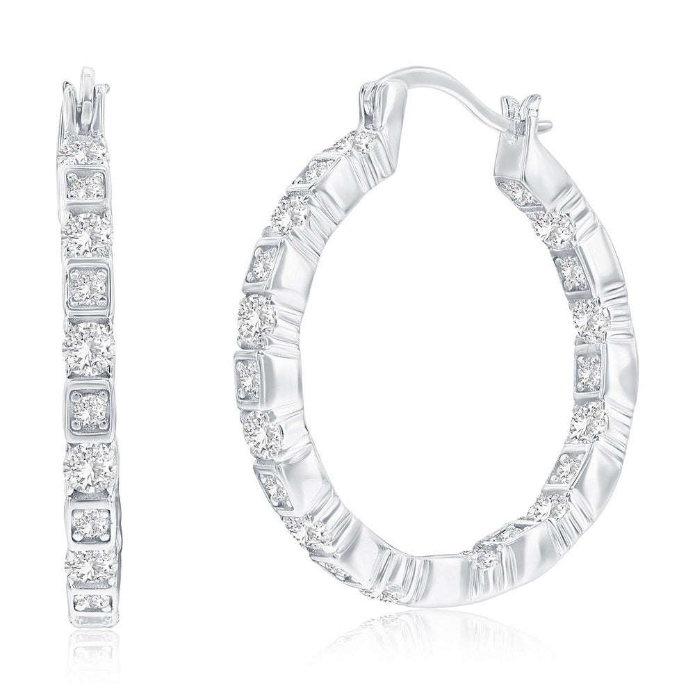 Sterling Silver, 27mm Round & Suqare CZ Hoop Earrings