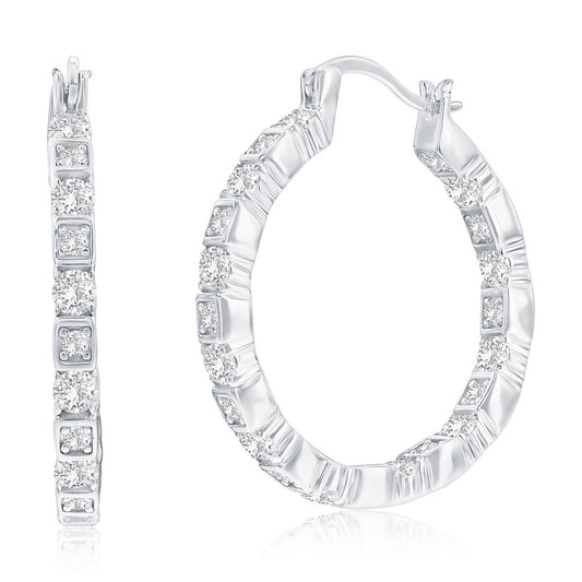 Sterling Silver, 27mm Round & Suqare CZ Hoop Earrings