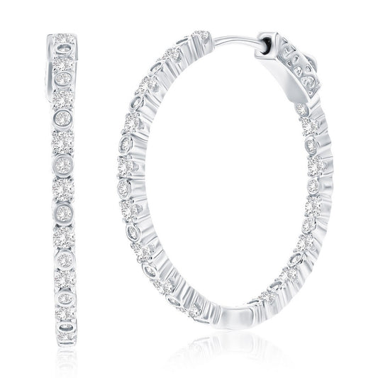 Sterling Silver, 30mm Bezel-Set & Prong Inside-Outside CZ Hoop Earrings
