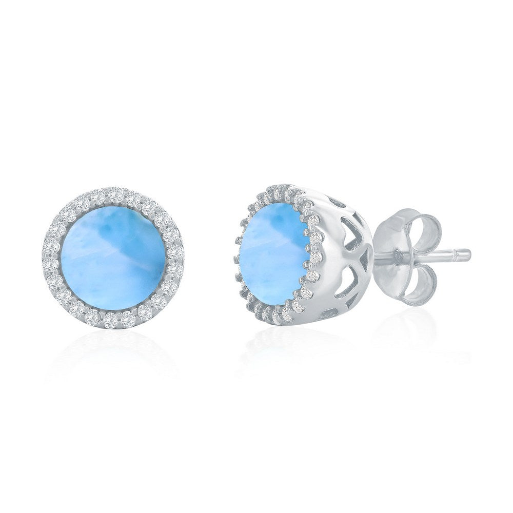 Sterling Silver, 9.5mm Round Larimar, CZ Halo Studs
