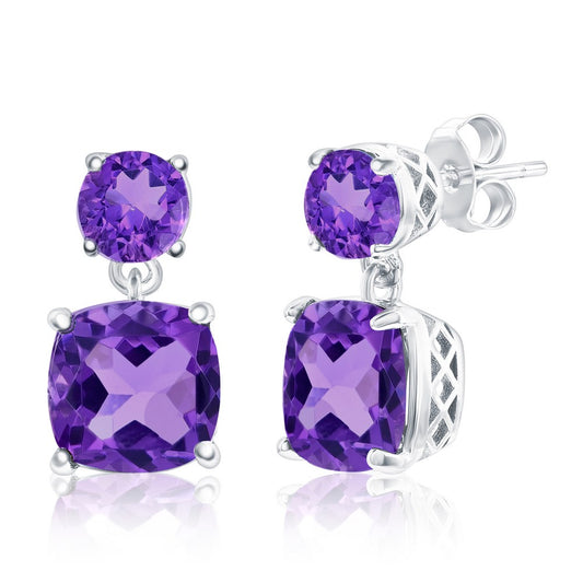 Sterling Silver, Round & Square Gem Earrings - Amethyst