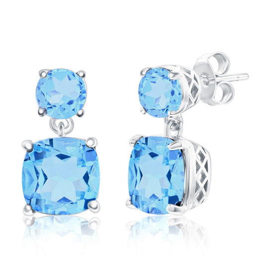 Sterling Silver, Round & Square Gem Earrings - Sky Blue Topaz