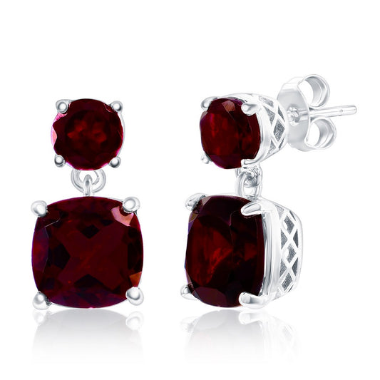 Sterling Silver, Round & Square Gem Earrings - Garnet