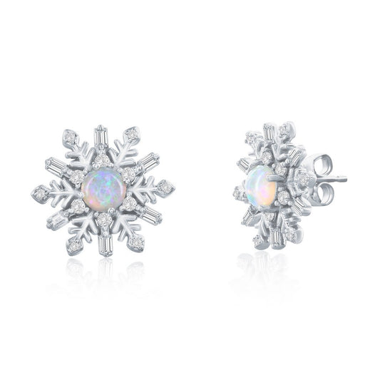 Sterling Silver, Opal & CZ Snowflake Studs