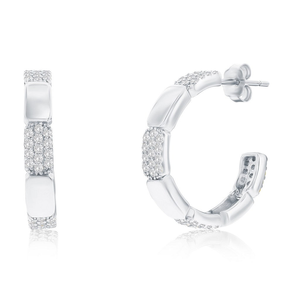 Sterling Silver, Alternating CZ & Polished Hoop Earrings