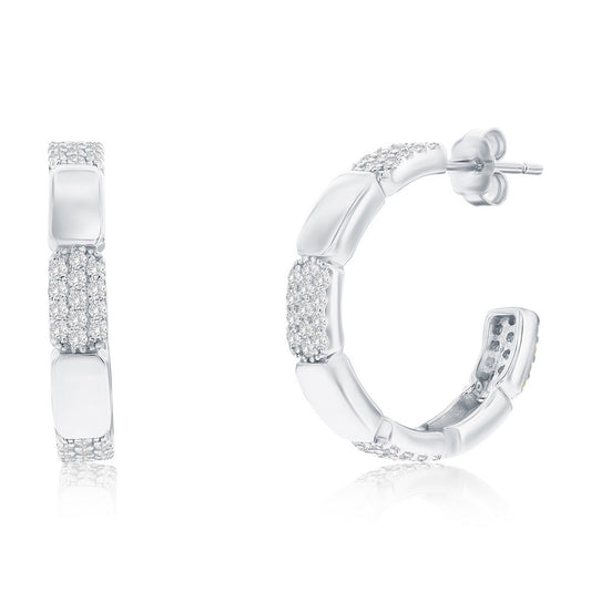 Sterling Silver, Alternating CZ & Polished Hoop Earrings