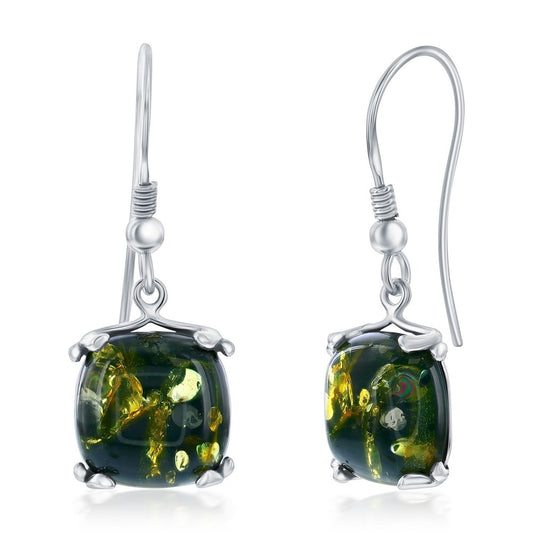 Sterling Silver, Green Amber Square Dangle Earrings