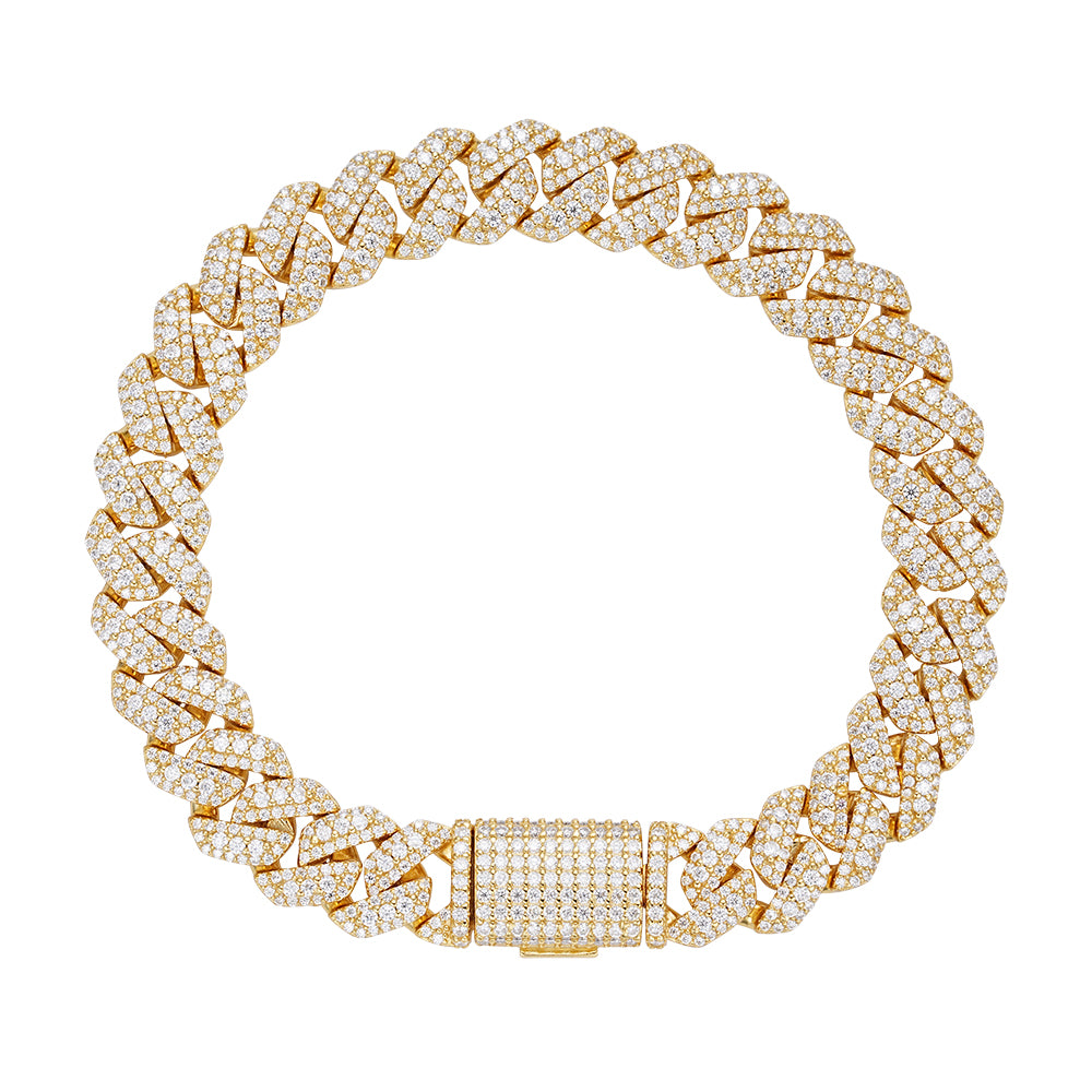 Sterling Silver Round Big Stone in Center Surrounded with Small Stones 10mm Moissanite Cuban Chain 8Inch Bracelet GP 6-7/8 Cttw