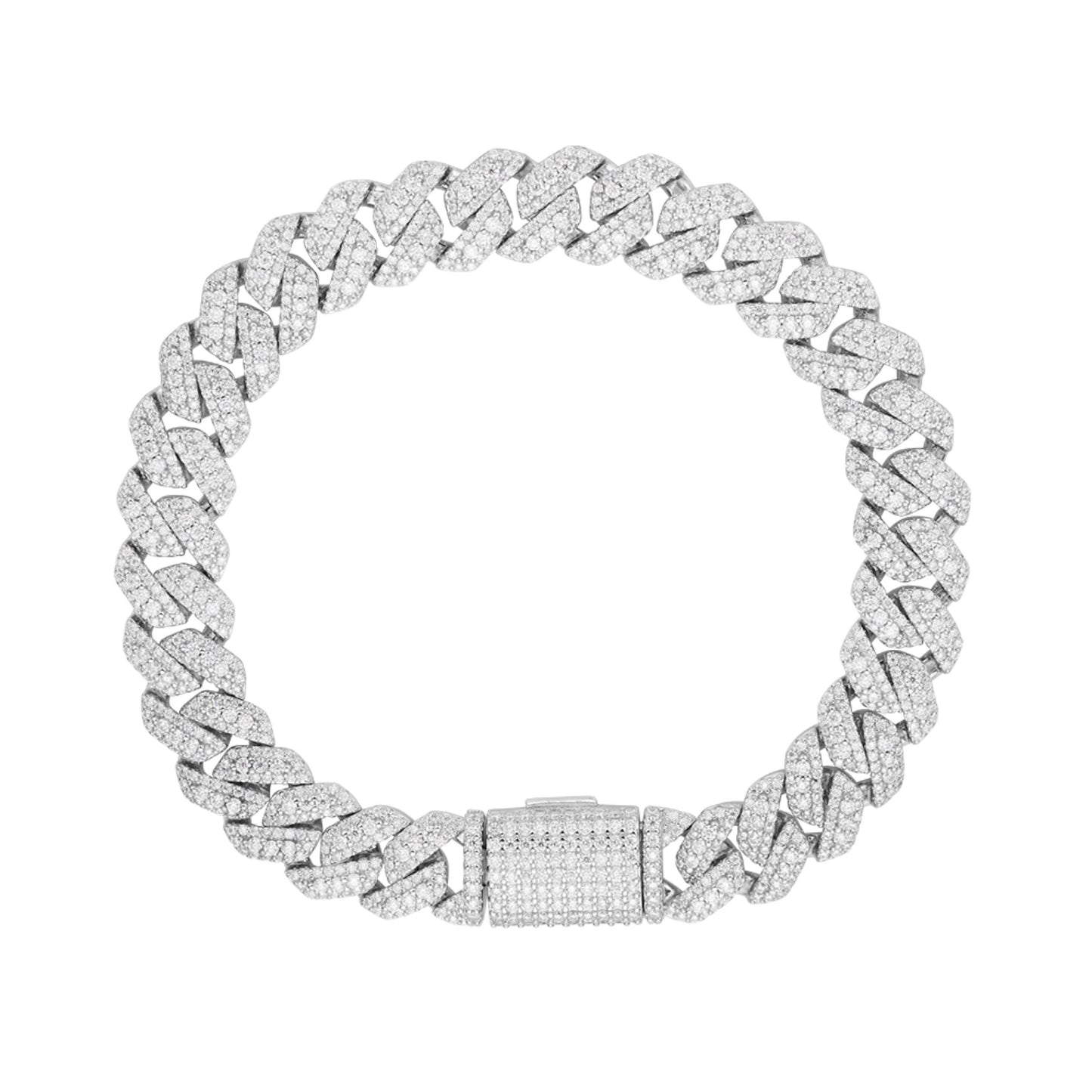 Sterling Silver Round Big Stone in Center Surrounded with Small Stones 10mm Moissanite Cuban Chain 8Inch Bracelet RP 6-7/8 Cttw